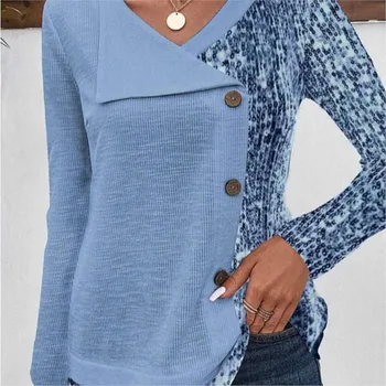 Женская футболка с V-образным вырезом и длинным рукавом, 3D Пуловер 2023, Осень-Зима, Свободная Цифровая мода, Нерегулярный принт, Индивидуальность Средней длины