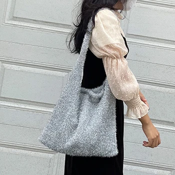 Женская блестящая сумка-тоут, повседневная вязаная сумка через плечо, складная модная женская сумочка большой емкости
