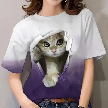 Летняя женская новая футболка с круглым вырезом и коротким рукавом, пуловер с 3D забавным принтом котенка, женский топ, повседневный уличный трендовый топ