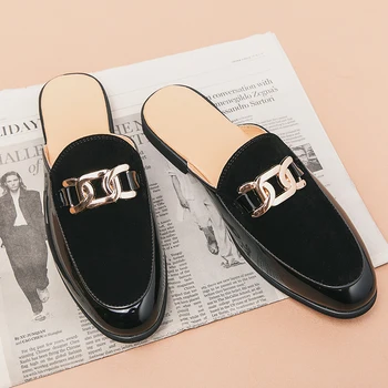 2023 Модные мужские полуботинки из натуральной кожи черного цвета Для мужчин, туфли-мюли, повседневная дизайнерская обувь, Лоферы, Роскошные черные тапочки
