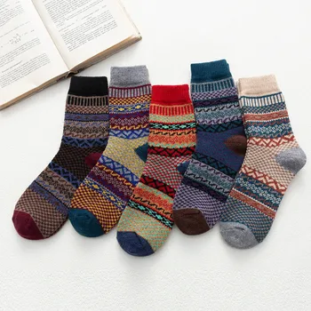 Зимние винтажные мягкие носки 5 piars, шерстяные носки, теплые вязаные носки, компрессионные носки для женщин, полосатые теплые кальцетины. 