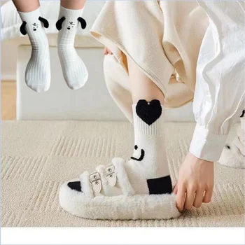 Милые 3D забавные женские носки Осень Зима мультяшный черноухий щенок Носки средней длины с трубочкой Универсальные белые носки с улыбкой на лице