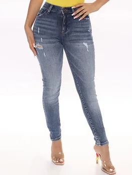 Сексуальные джинсовые брюки-карандаш с дырками, женские клубные хлопковые брюки-стрейч с высокой талией и карманами, застиранные джинсы-скинни с дырками
