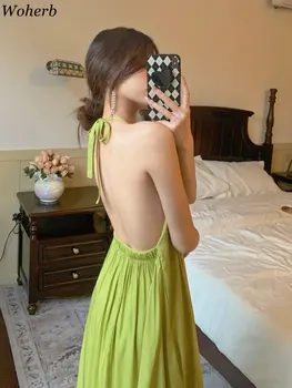 Модные зеленые платья Летний слинг, милое Кавайное платье с открытой спиной, длинный халат на бретельках, одевающий женщин, Новые Корейские плиссированные платья