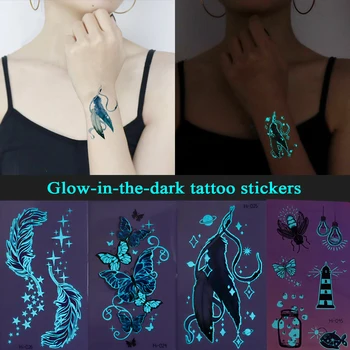 Светящиеся наклейки с татуировками для женщин, Руки, лицо, Светящиеся татуировки, Татуировки для боди-арта, Змея, Бабочка, Электрический слог, Тату для вечеринки 2023 года
