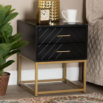 Современный гламурный и роскошный Прикроватный столик из черного дерева и золотистого металла с 2 выдвижными ящиками для спальни