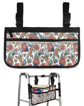Многоцелевой подлокотник для инвалидной коляски в стиле ретро с цветочным рисунком, Боковое хранилище, Несколько карманов со светоотражающими полосками, Подвесная сумка для хранения детской тележки