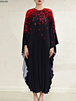 ANLAN 2023 Летнее Плиссированное Платье Miyake для Женщин С Круглым вырезом И Цветочным Принтом, Свободные Платья С рукавами 