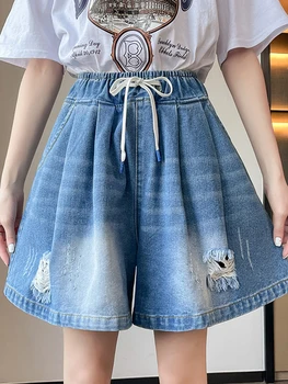 Джинсовые шорты M-6XL, женские летние Корейские модные свободные синие с высокой талией, Однотонные короткие брюки, Джинсы для женщин
