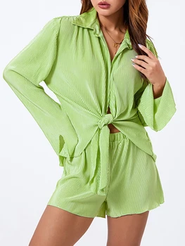 Женский пижамный комплект, 2 предмета, костюмы для отдыха, однотонные свободные топы с рукавами 3-4 неправильной формы, поясом и шортами, наряды