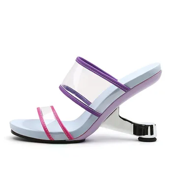 Контрастный цвет, Прозрачный ПВХ, женские летние тапочки на высоком каблуке, сандалии-гладиаторы на необычном каблуке, Обувь на платформе, женские наружные слайды