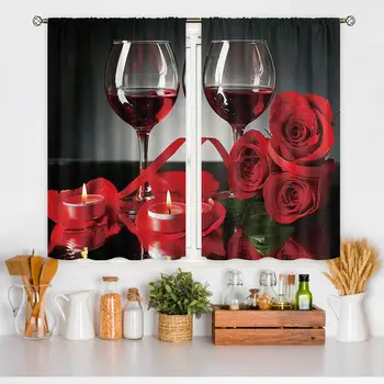 2шт Кухонных штор из красных роз и вина с цветочным романтическим декором для девочек, бордовых штор с цветочным принтом для кафе и столовой