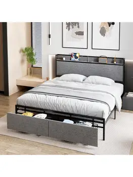 Каркас кровати с 2 ящиками для хранения - Обитая платформа с местом для хранения - Зарядная станция - Сверхпрочные металлические рейки