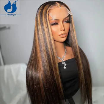 Парики из человеческих волос Amethyst Highlight Remy Бразильский 5,5x4,5 из искусственной шелковой основы с кружевной застежкой, цветные шелковые прямые для чернокожих женщин
