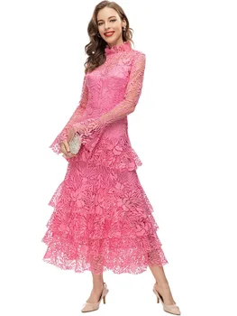 QQ6522 Воротник-стойка в винтажном стиле, расклешенный длинный рукав, водорастворимый крючок, розово-красное платье в европейском и американском стиле